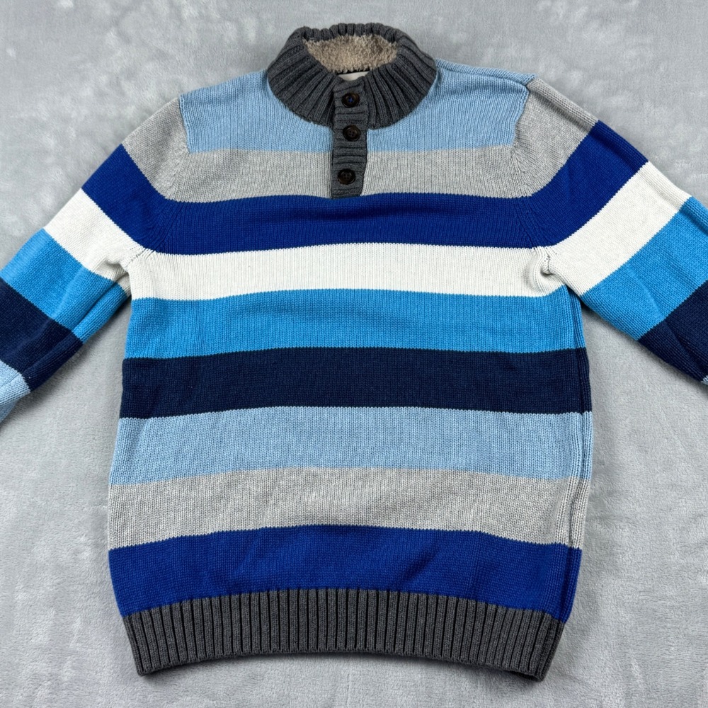 Lands End Boys Blue White Knit Sweater Sherpa Lined Collar Button Neck XL 18-20 - Picture 11 of 14